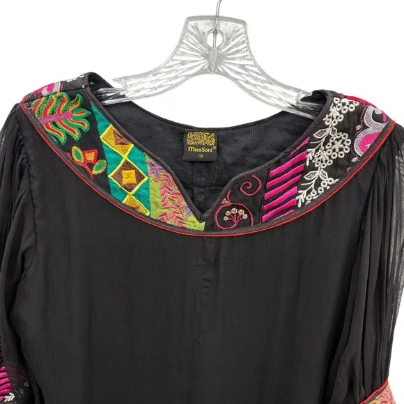 MissSoni Women's Black Embroidered Trim Long Sleeve Maxi Dress Bohemian size XS - Picture 6 of 7